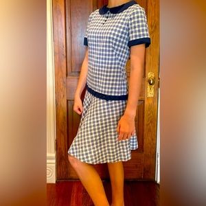 (SOLD) Handmade 60s Drop Waist Navy Blue & White dress. Approximately: sm/m